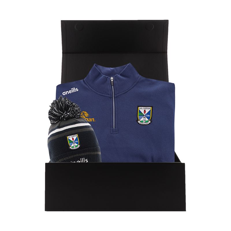 Cavan GAA Gift Box with Cavan GAA half zip fleece and bobble hat packaged in a gift box by O’Neills.