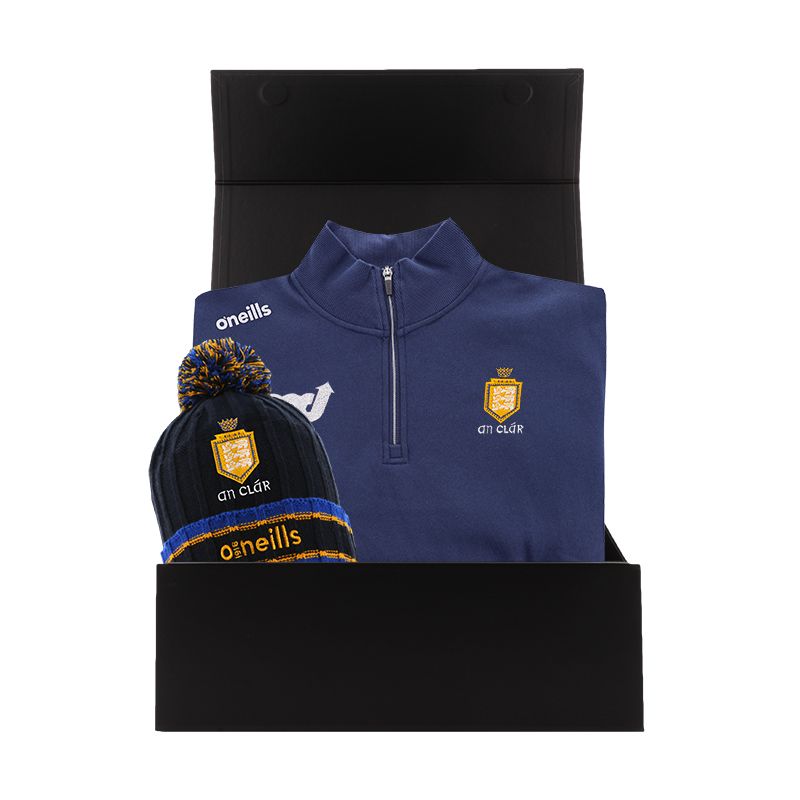 Clare GAA Gift Box with Clare GAA half zip fleece and bobble hat packaged in a gift box by O’Neills