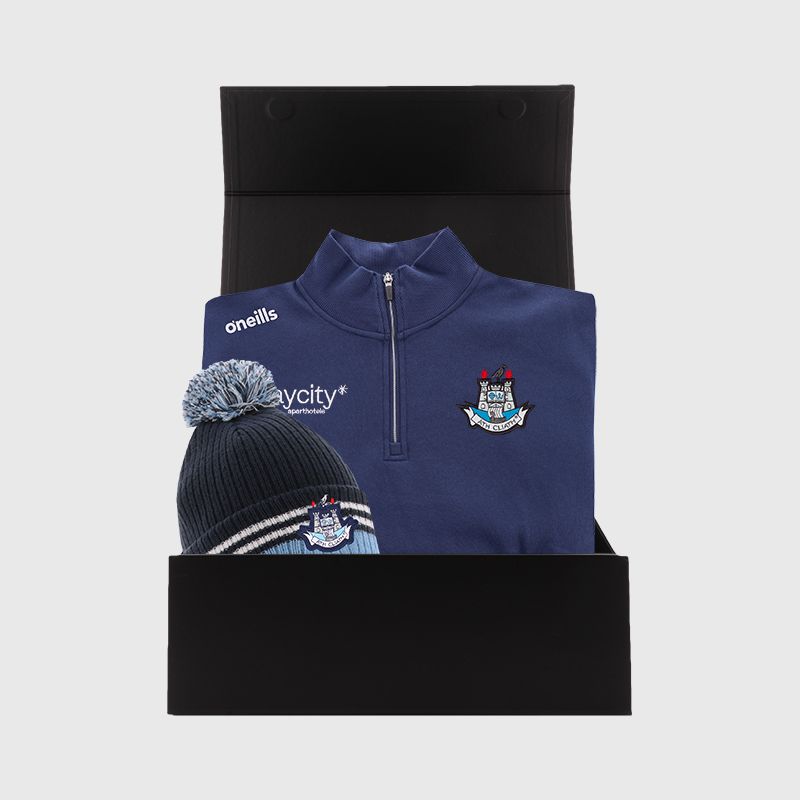 Dublin GAA Gift Box with Dublin GAA half zip fleece and bobble hat packaged in a gift box by O’Neills.