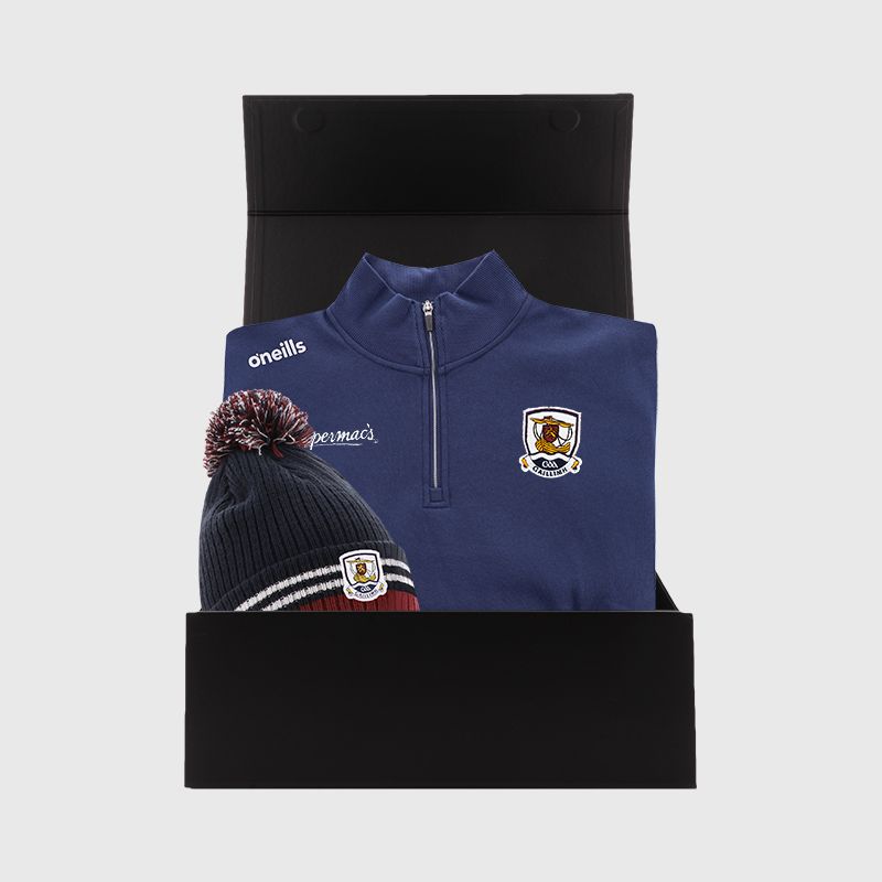 Galway GAA Gift Box with Galway GAA half zip fleece and bobble hat packaged in a gift box by O’Neills.