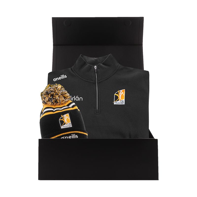Kilkenny GAA Gift Box with Kilkenny GAA half zip fleece and bobble hat packaged in a gift box by O’Neills.