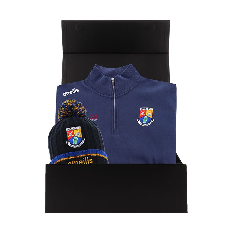 Longford GAA Gift Box with Template GAA half zip fleece and bobble hat packaged in a gift box by O’Neills.