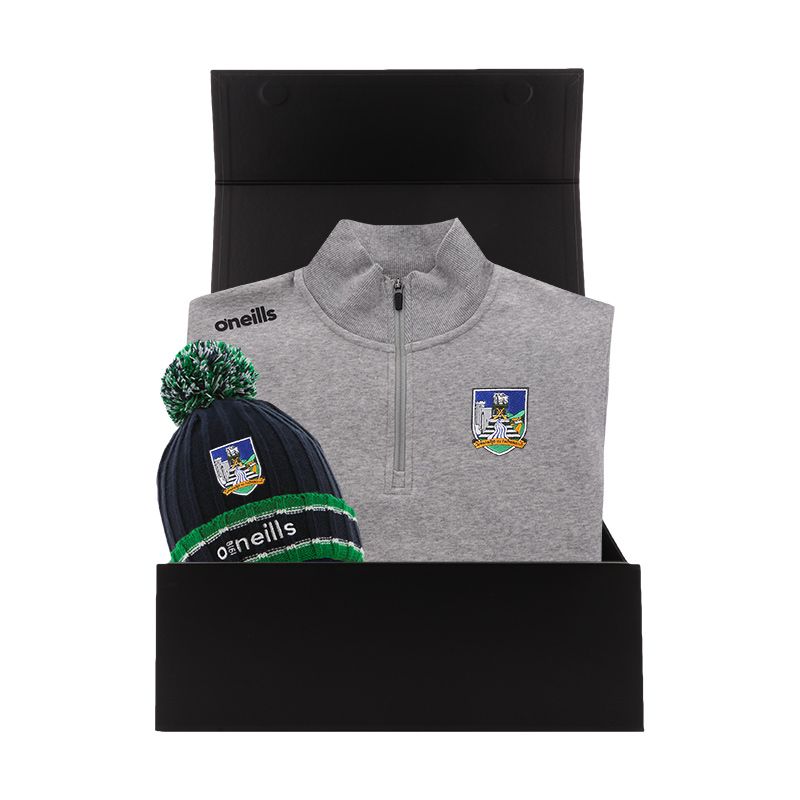 Limerick GAA Gift Box with Limerick GAA half zip fleece and bobble hat packaged in a gift box by O’Neills.