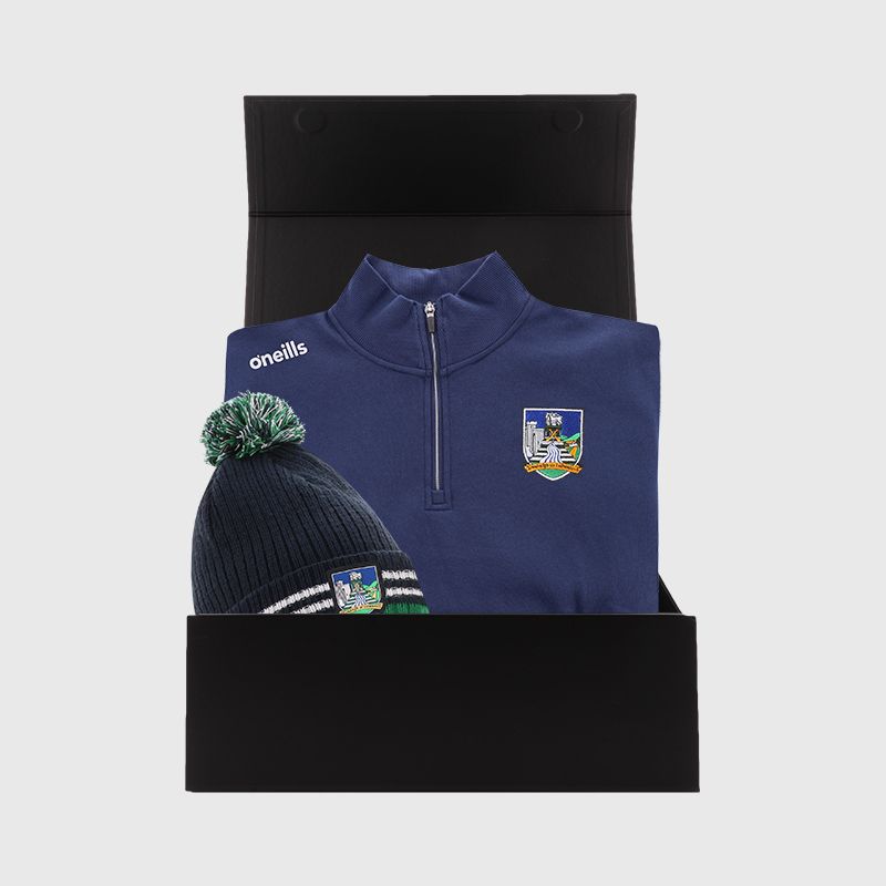Limerick GAA Gift Box with Limerick GAA half zip fleece and bobble hat packaged in a gift box by O’Neills.