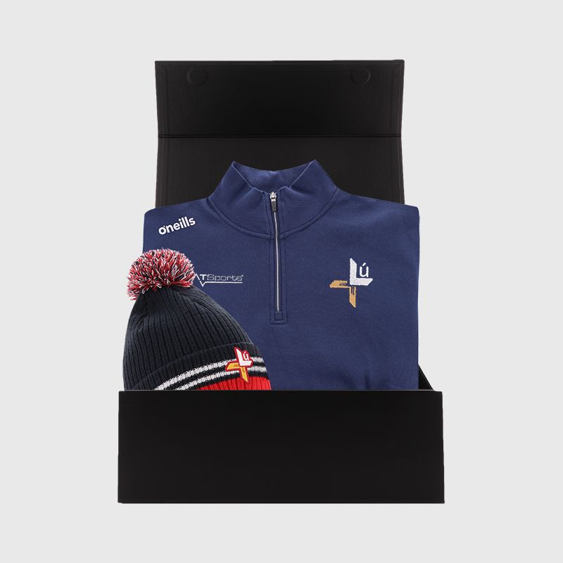 Louth GAA Gift Box with Louth GAA half zip fleece and bobble hat packaged in a gift box by O’Neills.