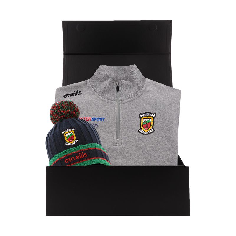 Mayo GAA Gift Box with Mayo GAA half zip fleece and bobble hat packaged in a gift box by O’Neills.
