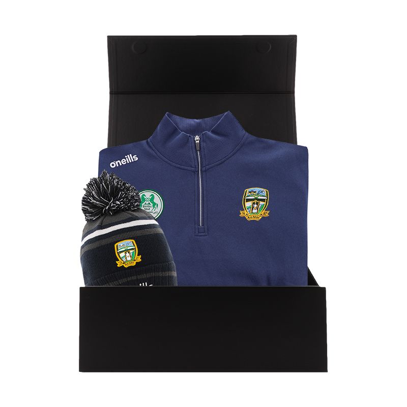 Meath GAA Gift Box with Meath GAA half zip fleece and bobble hat packaged in a gift box by O’Neills.