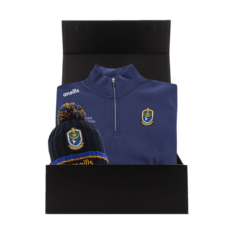 Roscommon GAA Gift Box with Roscommon GAA half zip fleece and bobble hat packaged in a gift box by O’Neills.