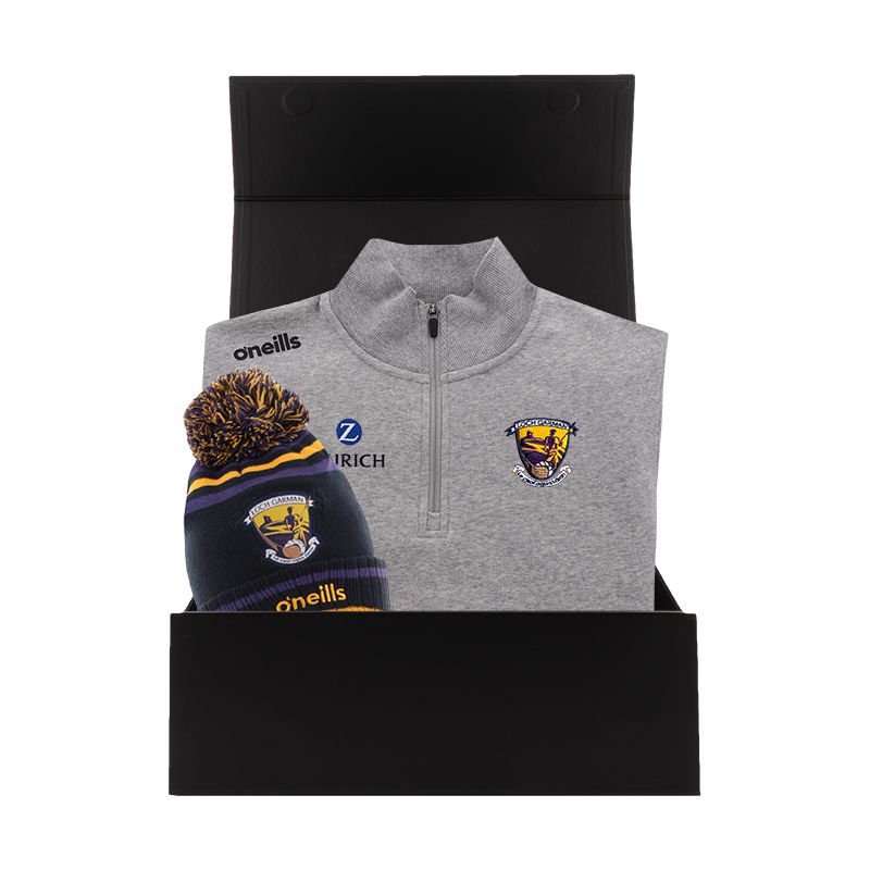 Wexford GAA Gift Box with Wexford GAA half zip fleece and bobble hat packaged in a gift box by O’Neills.