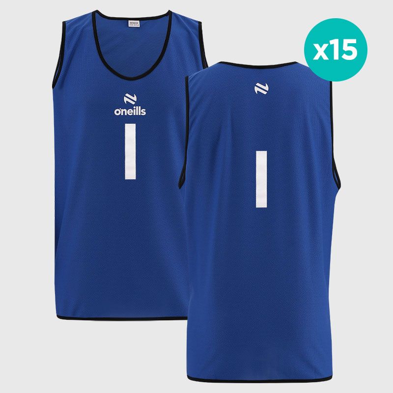 Blue O'Neills Flex Single Mesh Numbered Training Bibs 15 Pack, numbered 1-15. 