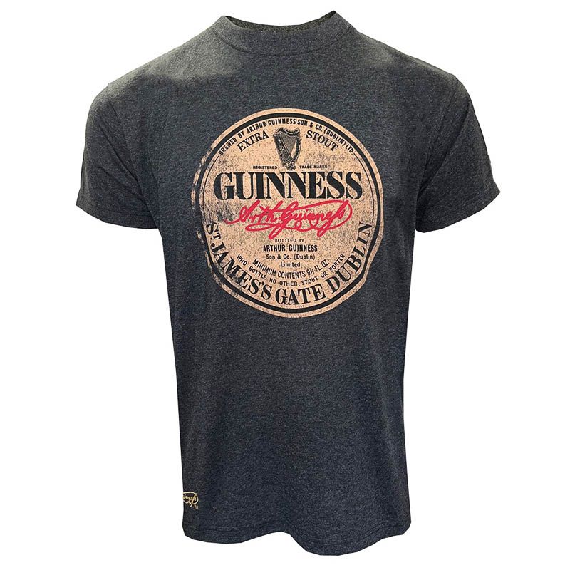 Grey Guinness Men's T-Shirt with an Fashionable vintage distressed printed Guinness label on centre chest from O'Neill's.