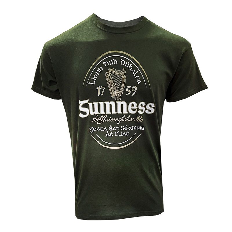 Green Guinness Men's Irish Label T-Shirt with a Guinness traditional Irish label print to centre chest from O'Neill's.