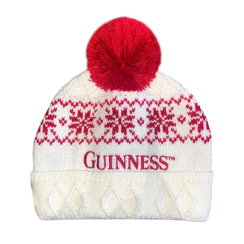Cream Guinness Knit Bobble hat with red detailing from O'Neills.