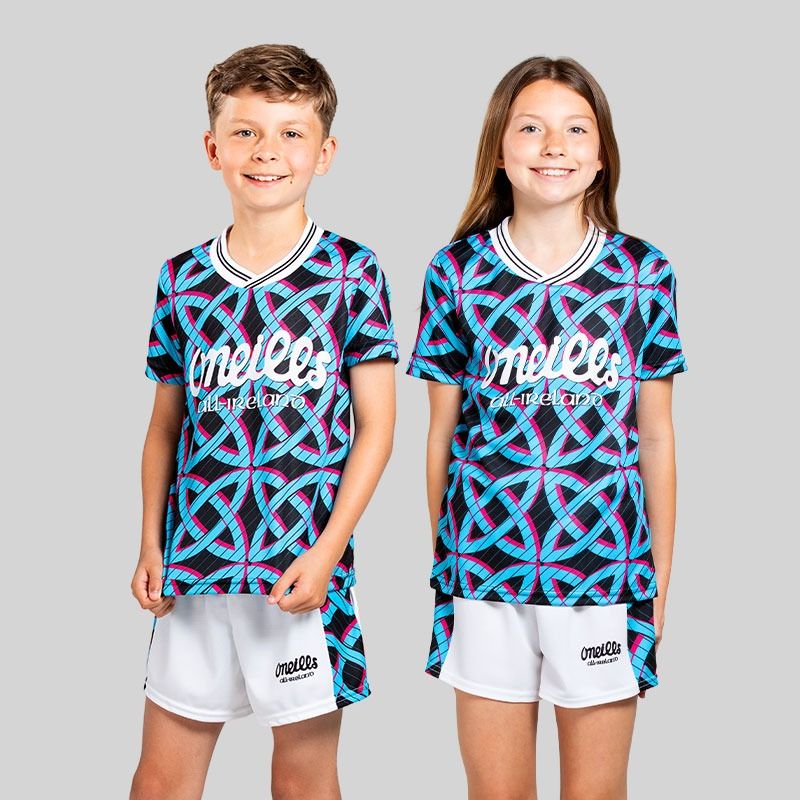 Black O’Neills Gael Jersey and Shorts set with an all over Celtic inspired design