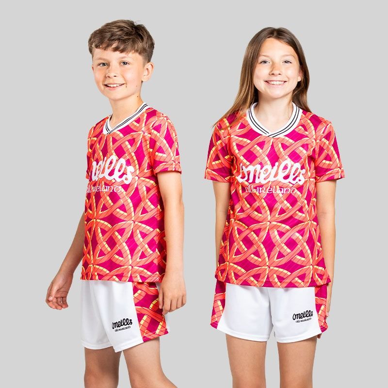 Pink O’Neills Gael Jersey and Shorts set with an all over Celtic inspired design