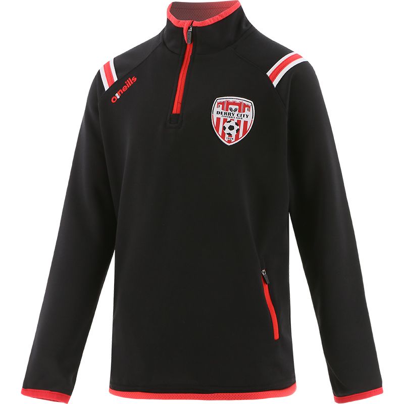 Black and red Kids' Derry City FC half zip with official Derry City crest and zip pockets by O’Neills.