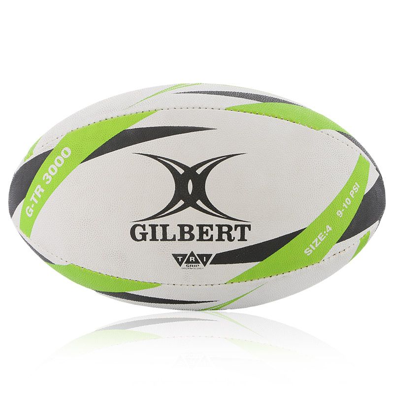 white, black and green Gilbert size 4 rugby ball featuring a hand stitched durable rubber surface from O'Neills