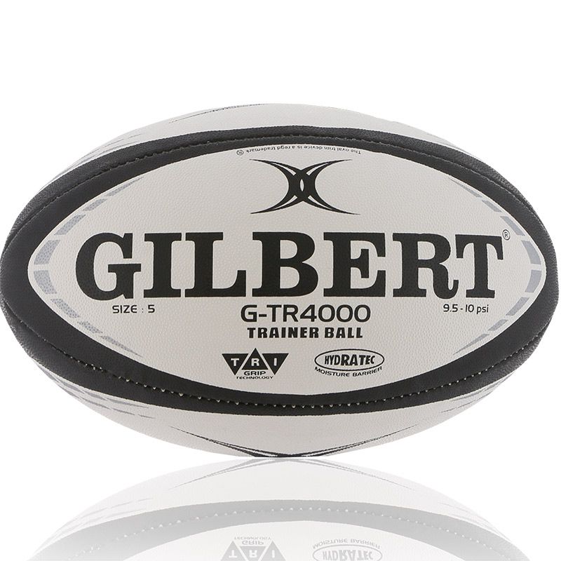 white and black Gilbert rugby training ball, hand stitched, waterproof and features new grip technology from O'Neills