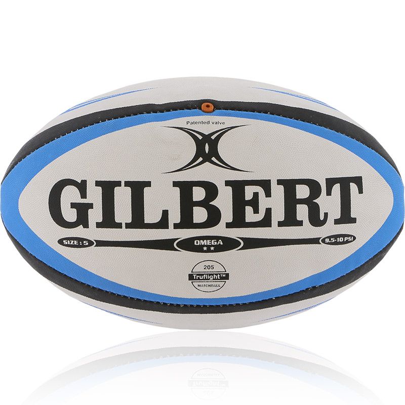 white, blue and black Gilbert rugby ball with a G-S rubber compound surface and standard grip from O'Neills
