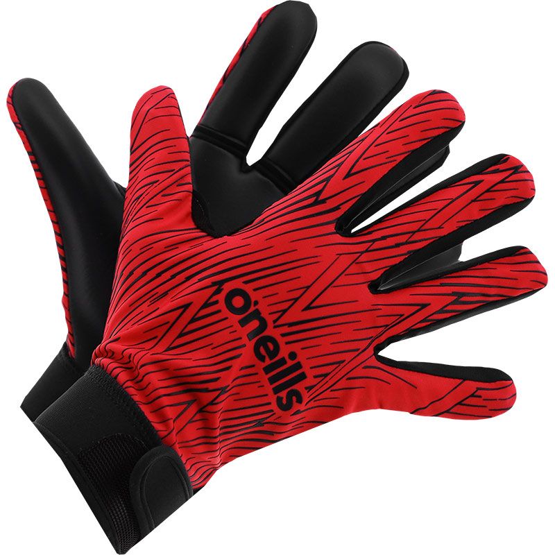 Red and Black Kids’ GAA gloves with Velcro strap fastening and latex palm by O’Neills. 