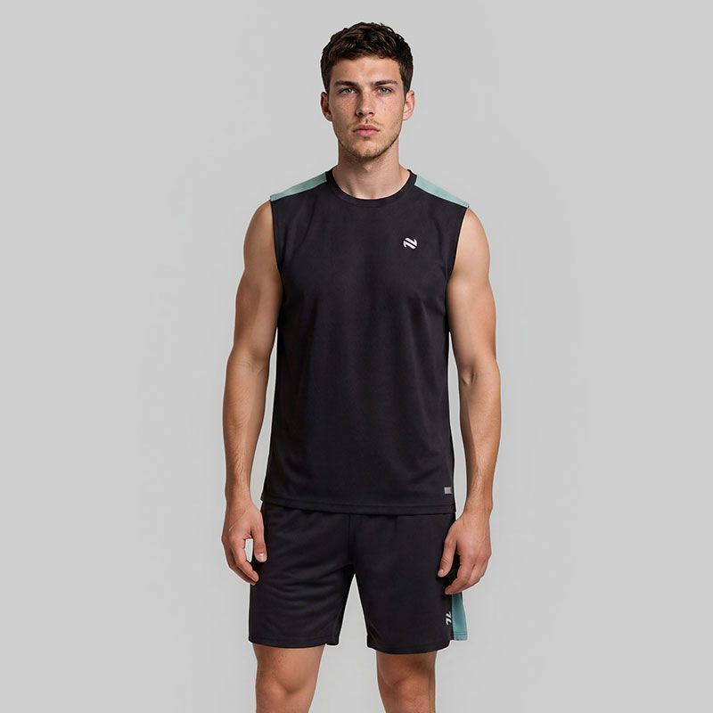 Black O’Neills Men’s Raptor 2 piece set with sleeveless design Vest and Shorts.