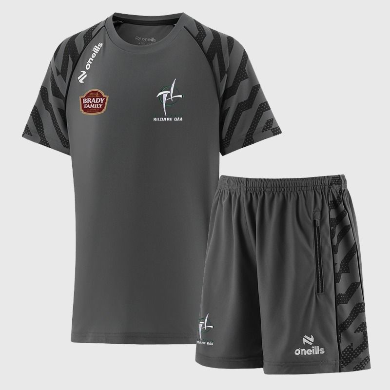 Grey O’Neills Kids' Kildare GAA Electro Two Piece Set including Short Sleeve T-Shirt and Shorts.