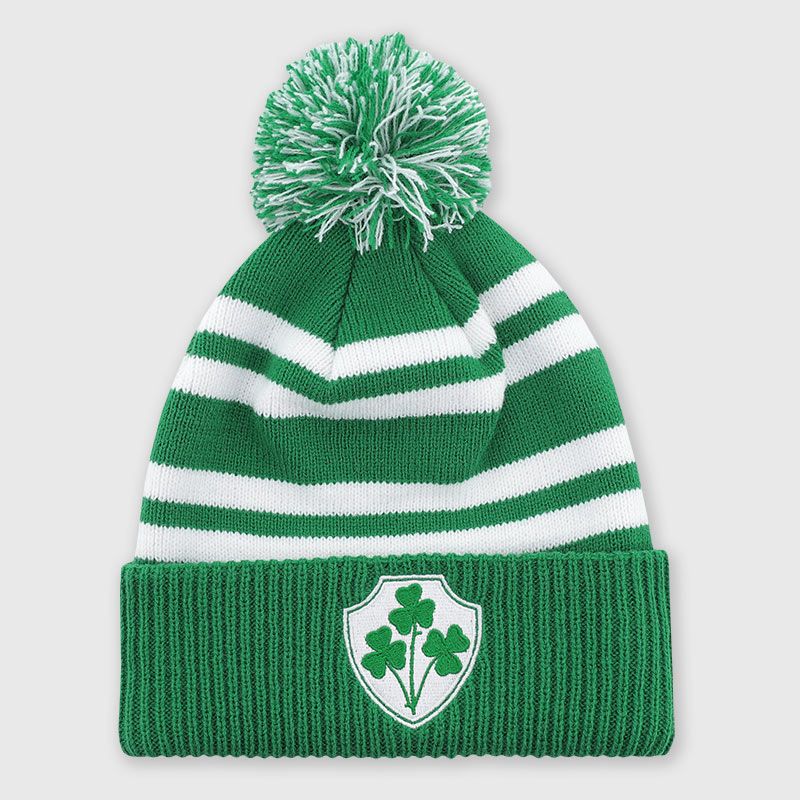 Green / White Johnny Knitted Bobble Hat from O'Neills with large pom-pom and embroidered shamrock