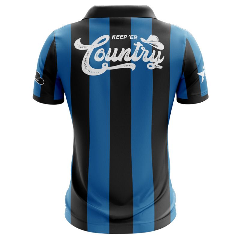 Black and blue Keep ‘er Country Jersey with embroidered gold star and guitar cut out by O’Neills back view.