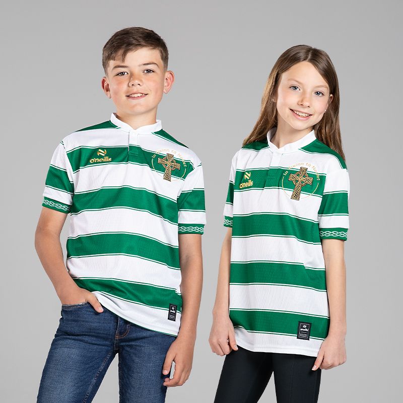 White and Green Kids' Celtic Cross Heritage Jersey exclusive to O’Neills.