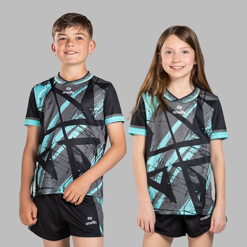 Black Kids’ Volt Summer Sets with matching jersey and shorts by O’Neills.