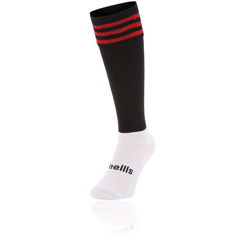 Kids’ Black and Red knee high sports socks with seamless toe and cushioned soles by O’Neills.