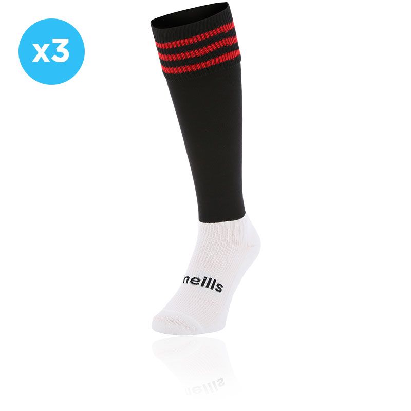 Black and Red knee high sports socks 3 Pack with seamless toe and cushioned soles by O’Neills.
