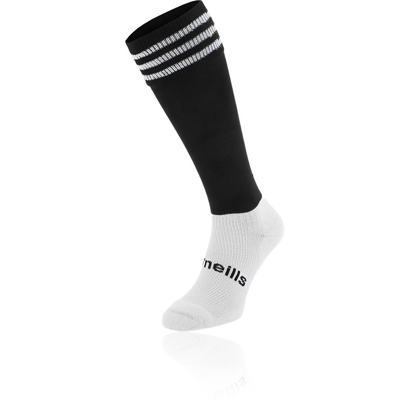 Kids' Black and White knee high sports socks with seamless toe and cushioned soles by O’Neills.