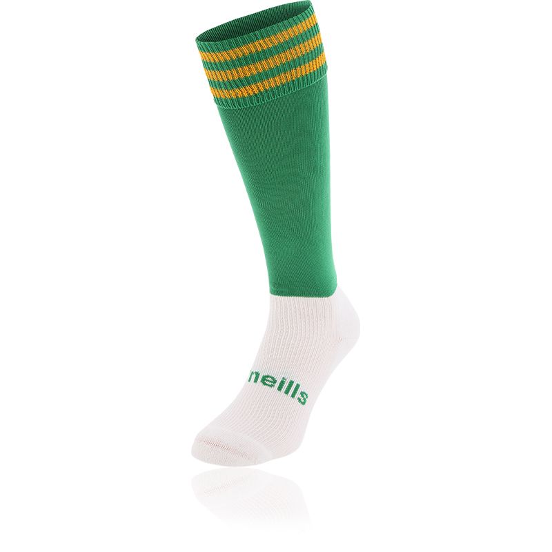 Kids' Green and Amber knee high sports socks with seamless toe and cushioned soles by O’Neills.