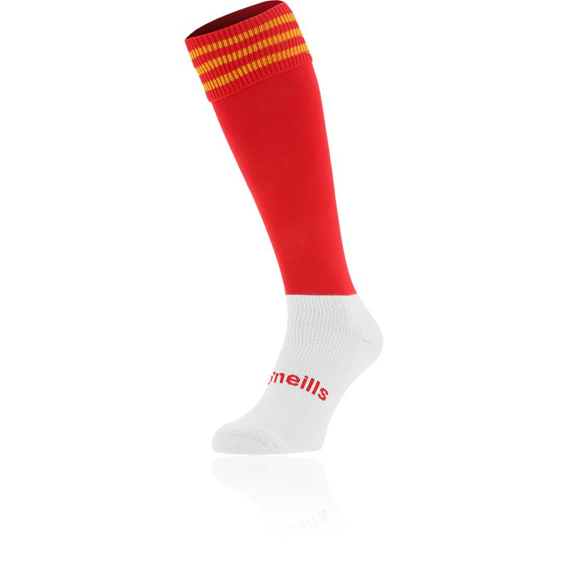 Red and Amber kids' knee high sports socks with seamless toe and cushioned soles by O’Neills.