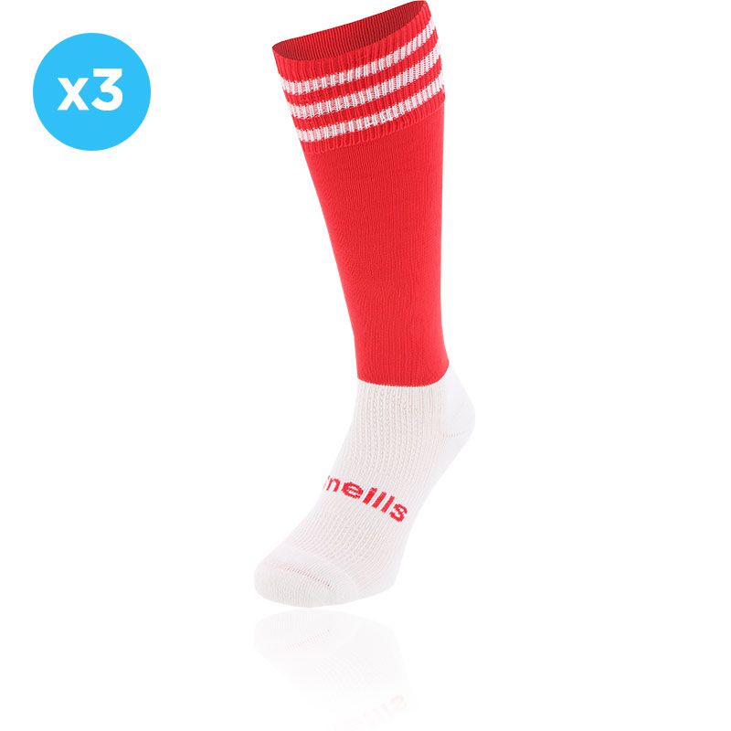 Red and White knee high sports socks 3 Pack with seamless toe and cushioned soles by O’Neills.