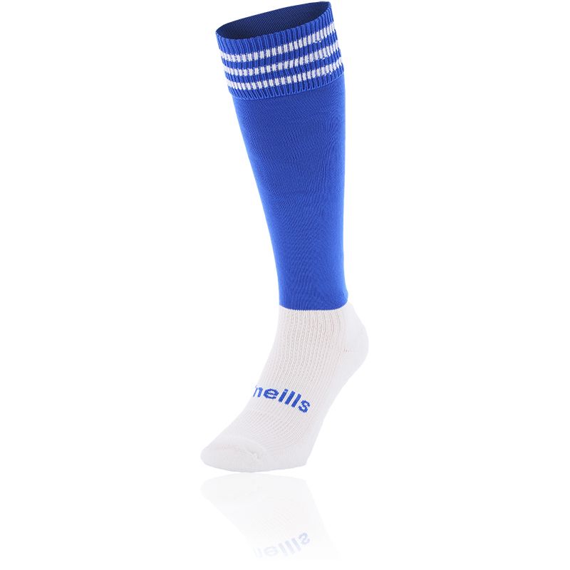 Kids’ Royal and White knee high sports socks with seamless toe and cushioned soles by O’Neills.
