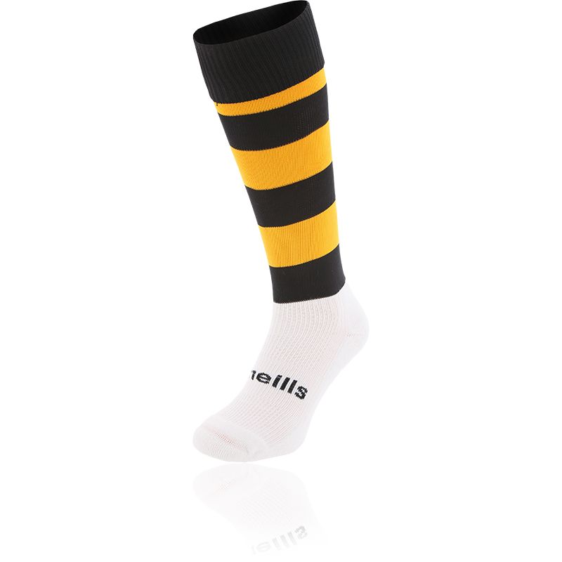 Black and Amber knee high sports socks with seamless toe and cushioned soles by O’Neills.