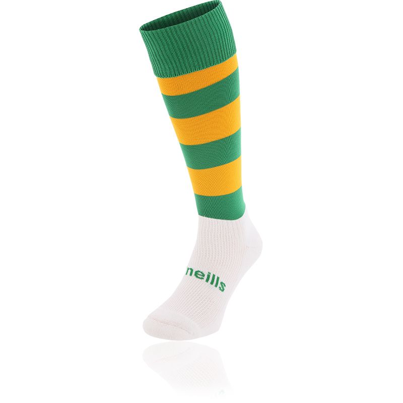 Green and Amber knee high sports socks with seamless toe and cushioned soles by O’Neills.