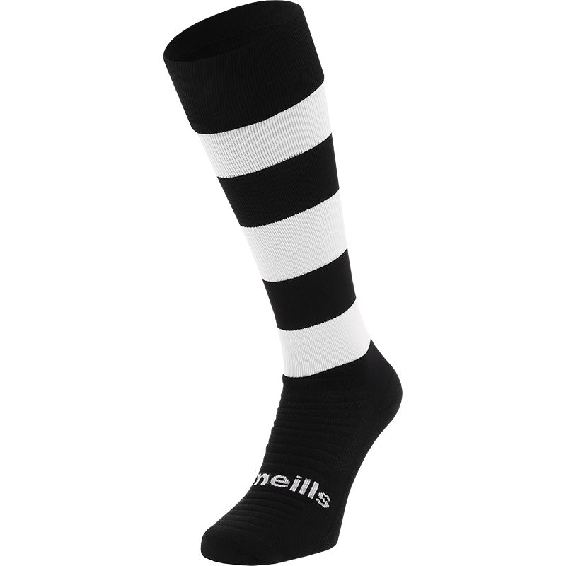 White/ Black Koolite Max Elite Long Sports Socks with hooped design and turnover top by O’Neills. 