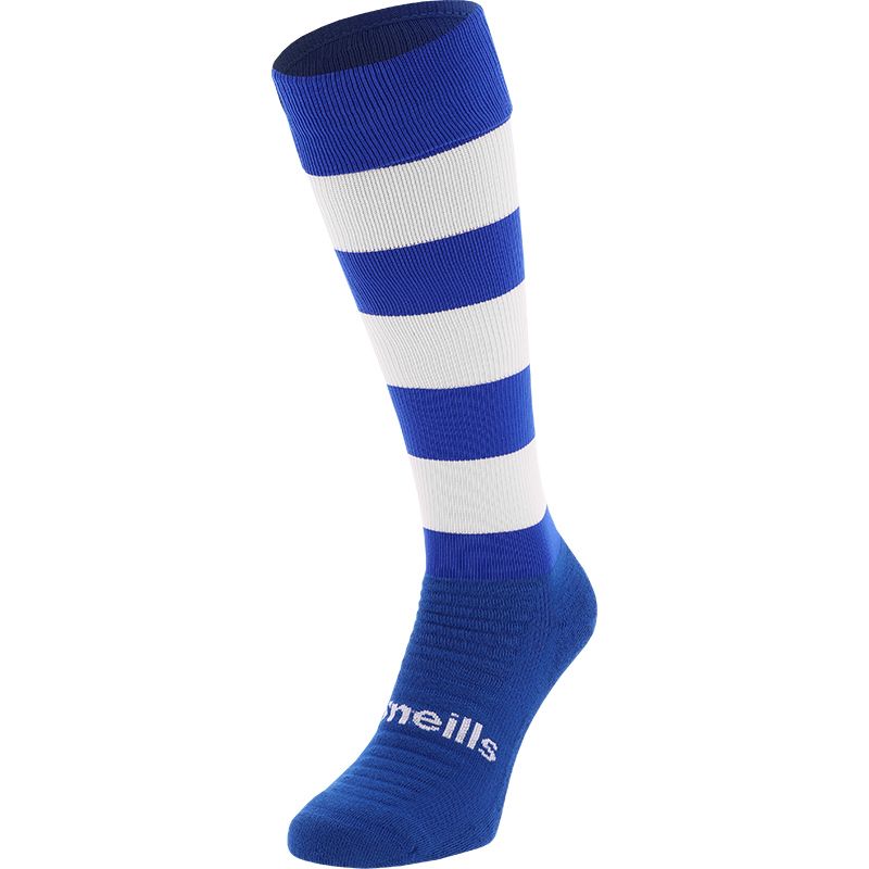 White / Royal  Koolite Max Elite Long Sports Socks with hooped design and turnover top by O’Neills. 