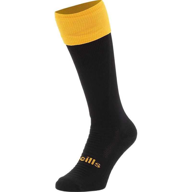 Black and Amber Koolite Max Elite Long Sports Socks with extra long turnover top by O’Neills. 