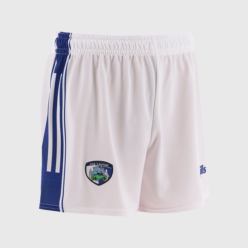 White Laois GAA Home Shorts with stripe detail on leg by O’Neills.