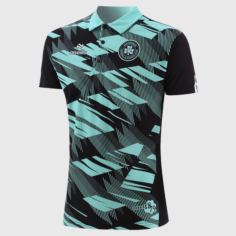 Black and mint Men's Cliftonville FC Polo Shirt with Cliftonville FC crest and by O’Neills. 