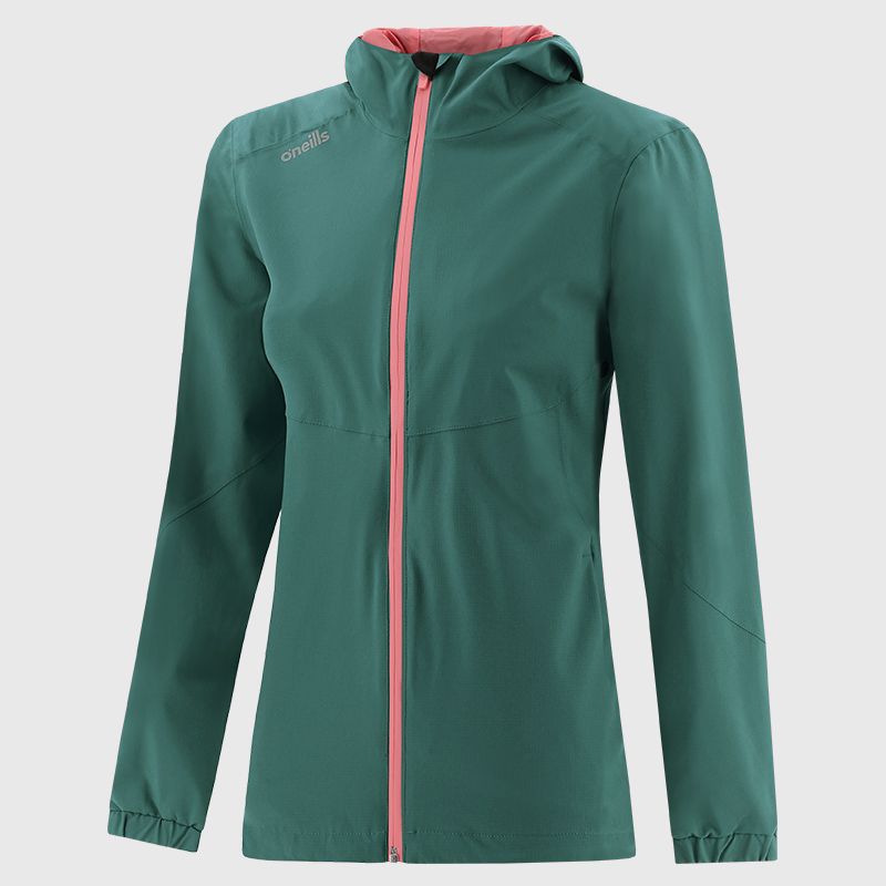 Green Women's waterproof rain jacket with a hood and zip pockets by O'Neills.