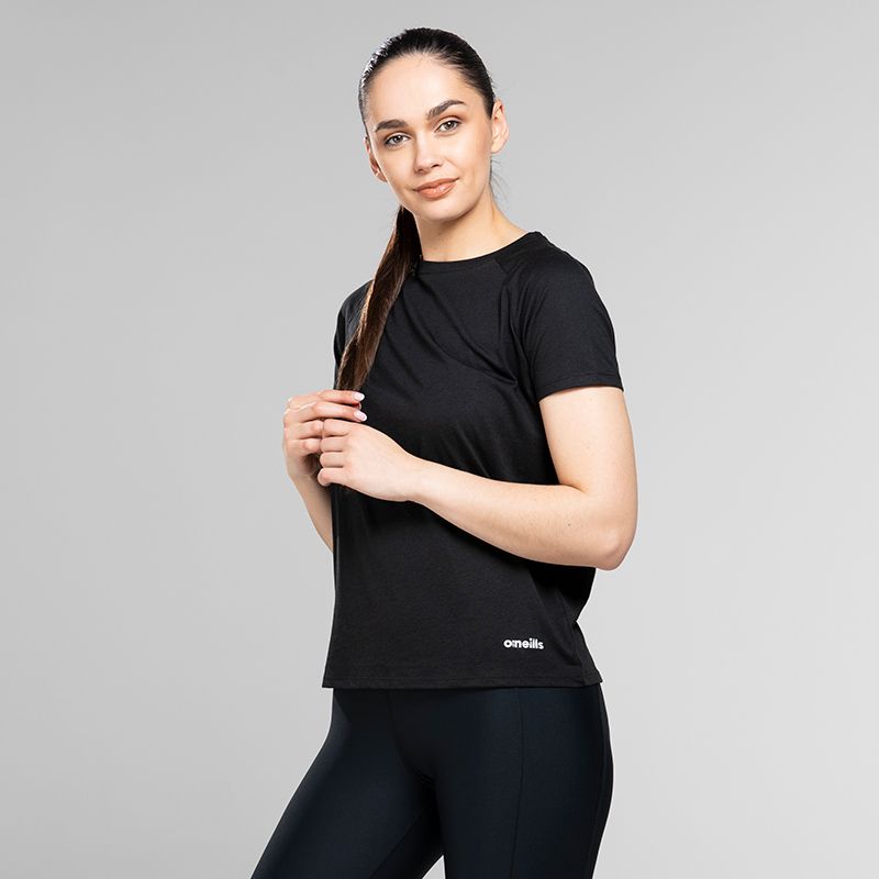 Women’s Black v-neck t-shirt with shaped waist and curved hem by O’Neills. 