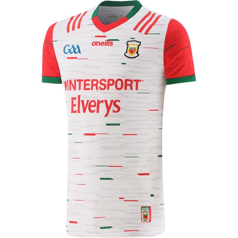 White Mayo GAA home jersey 2023 with eye-catching design and red sleeves by O’Neills.