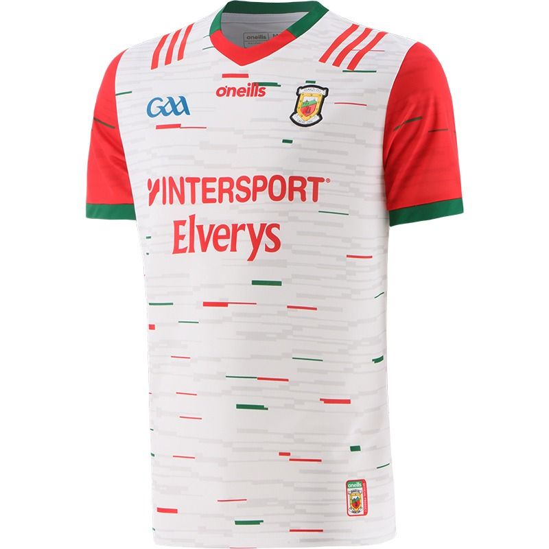 White Mayo GAA Goalkeeper jersey 2023 with eye-catching design and red sleeves by O’Neills.