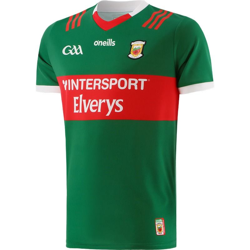 Green and red Mayo GAA home jersey 2023 with Elverys and Portwest sponsor logos by O’Neills.