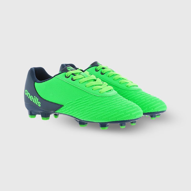 Green and Black O’Neills Meteor Youth football boots with moulded studs and lace closure by O’Neills.